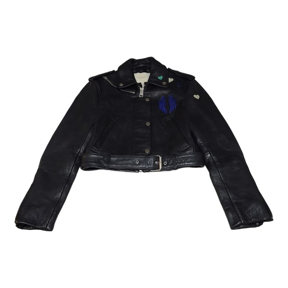 NWT Maje Bicouer Leather Jacket Womens Size S 36 Embroidered Black Hearts Belted